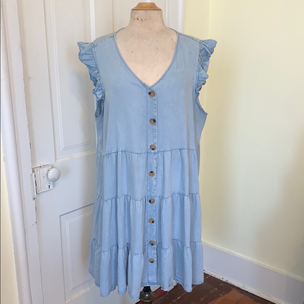 Pullover Denim Chambray Mini BabyDoll Ruffle Flutter Sleeves Flare Dress 1XL